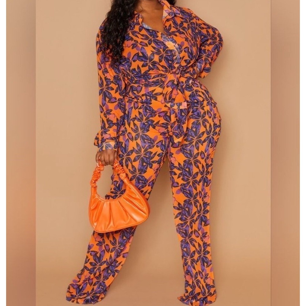 prettylittlething Orange Floral Chiffon Pants Women's Size‎ 14 Beach Relaxed NWT